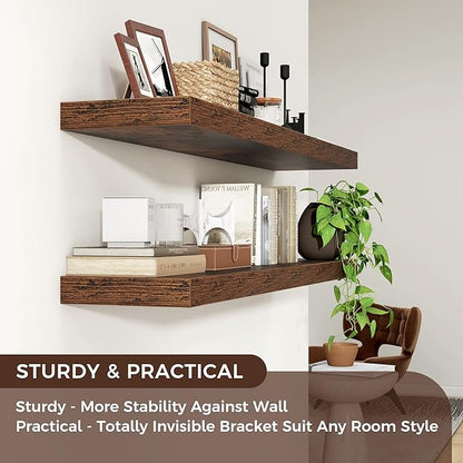 Floating Shelves for Wall 48"W x 9"D x 1.5"H, Engineered Wood Wall Shelves with Invisible Brackets for Living Room Bedroom Bathroom Office Kitchen Decor and Storage, Rustic Brown Finish, Set of 2