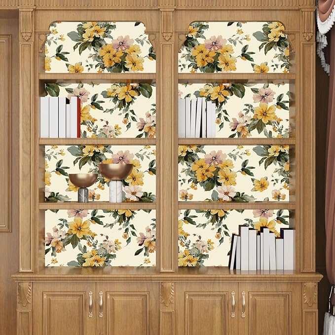Yellow Floral Wallpaper Peel and Stick, Vintage Botanical Contact Paper 17.5" x 118", Retro Flower Wall Paper Self Adhesive Removable Waterproof for Bathroom Bedroom Shelf Cabinet Drawer Table