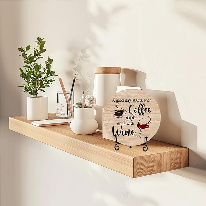 Coffee And Wine Desk Decor Sign, Rustic Funny Wooden Box Plaque, A Good Day Starts With Coffee And Ends With Wine Wood Sign, Decor For Home Kitchen Tabletop, Wooden Round With Stand-06