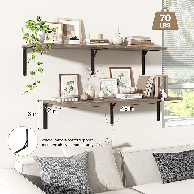 Fun Memories Floating Shelves for Wall, 12 Inch Deep Floating Shelves Set of 2, Wall Mounted Shelf with Metal Brackets, Rustic Wood Wide Shelf for Bathroom, Kitchen and Living Room, Grey, 48W x 12D