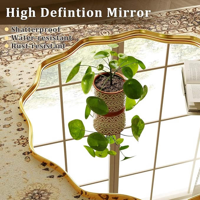 30 Inch Scalloped Round Wall Mirror, Gold Wavy Edge Frame Circle Mirror for Bathroom, Bedroom, Entryway, Living Room for Wall Decor