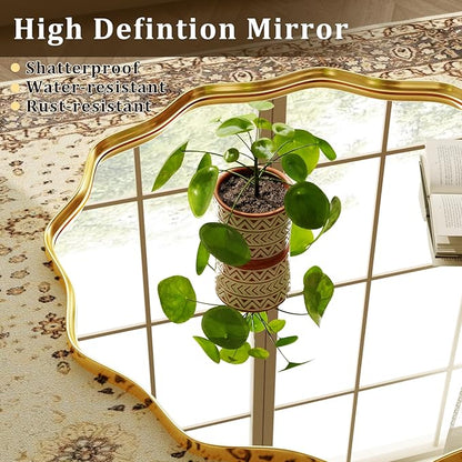 30 Inch Scalloped Round Wall Mirror, Gold Wavy Edge Frame Circle Mirror for Bathroom, Bedroom, Entryway, Living Room for Wall Decor