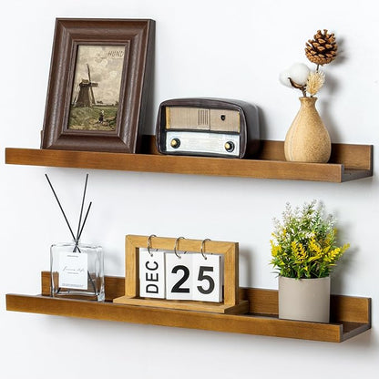 Picture Ledge Shelf for Wall, 24 inch Solid Ash Wood Nursery Book Shelves 2 Packs, Floating Shelves for Kids' Room Bedroom Bathroom Living Room Photo Frames Office Nursey Wall Decor, Walnut