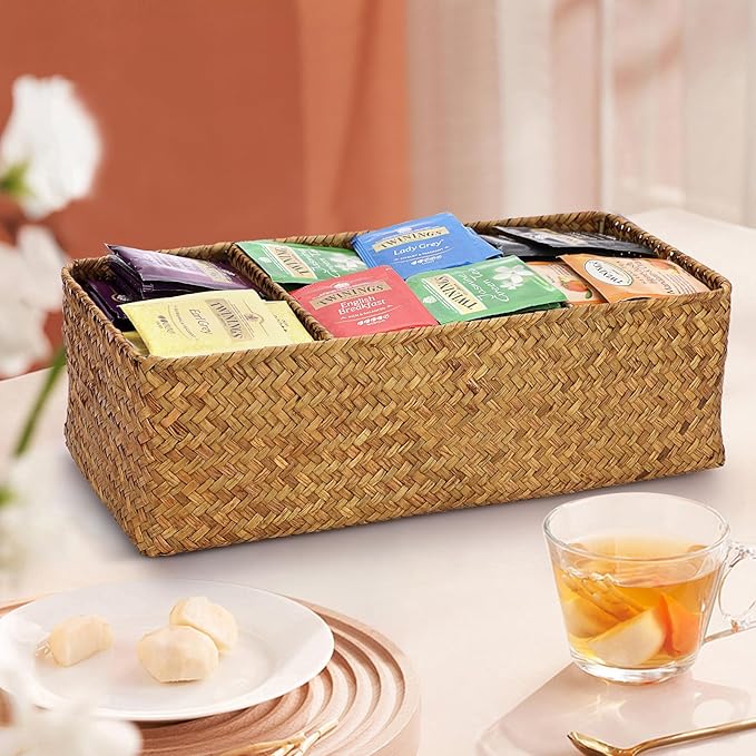 ELLDOO Woven Seagrass Wicker Rattan Storage Basket, Large Capacity Coffee Pod Holder Organizer for K Cup Nespresso Pods, 3-Section Seagrass Storage Box for Coffee bar Shelves Kitchen Cabinets,Brown