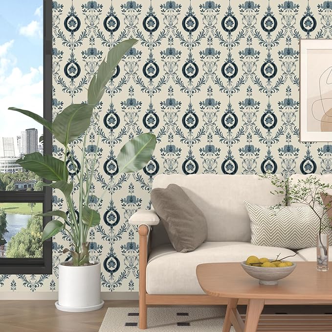 Blue Floral Wallpaper Peel and Stick Vintage Damask Contact Paper 17.5"X118" Vinyl Waterproof Self Adhesive Removable Light Blue Scroll Traditional Style Wall Paper for Bedroom Living Room Cabinets