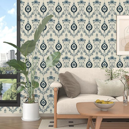 Blue Floral Wallpaper Peel and Stick Vintage Damask Contact Paper 17.5"X118" Vinyl Waterproof Self Adhesive Removable Light Blue Scroll Traditional Style Wall Paper for Bedroom Living Room Cabinets