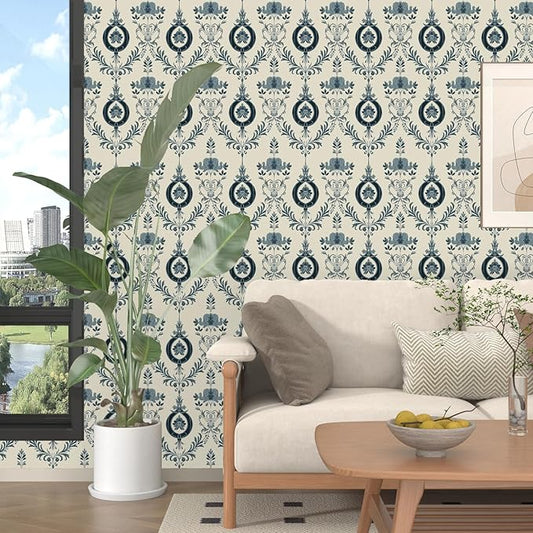 Blue Floral Wallpaper Peel and Stick Vintage Damask Contact Paper 17.5"X118" Vinyl Waterproof Self Adhesive Removable Light Blue Scroll Traditional Style Wall Paper for Bedroom Living Room Cabinets