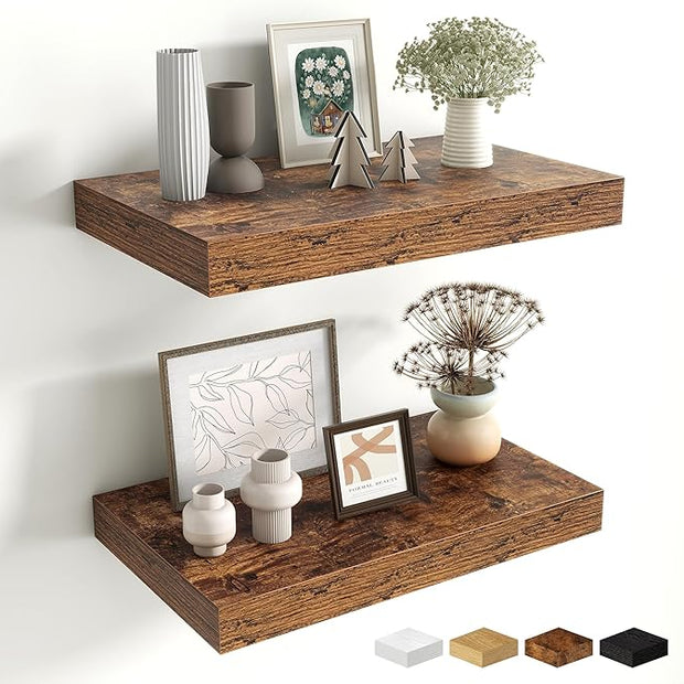 Fun Memories Floating Shelves for Wall - 10 x 16 Floating Shelf - Rustic Wood Storage Shelf - Wall Shelves with Invisible Bracket - 16" Bookshelves for Living Room & Bedroom - Rustic Brown - Set of 2