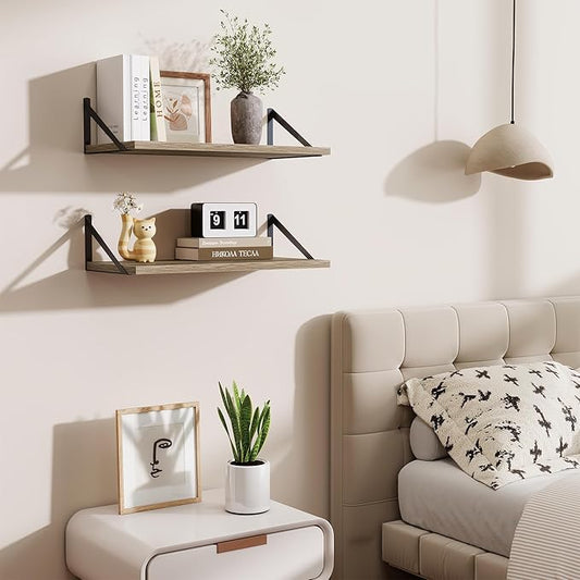 Deep Floating Shelves,24" Wx10 D Floating Shelf for Wall Set of 2,Hanging Storage Shelf with Metal Brackets,Wide Display Wall Shelves for Living Room,Bedroom,Bathroom,Kitchen,Grey