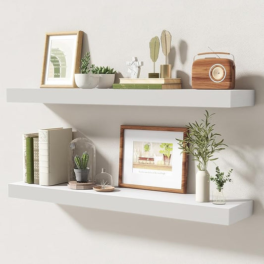 32 Inch Floating Shelves | 6.5 Inch Deep White Floating Shelves Set of 2 | 32" W x 6.5" D Rustic White Wood Wall Shelves with Invisible Brackets for Bathroom Living Room Bedroom