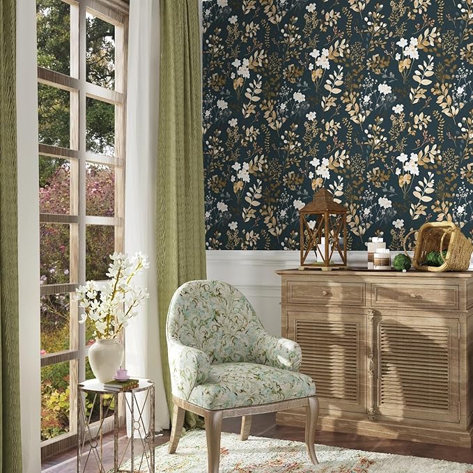 Navy Floral Wallpaper Peel and Stick Boho Wallpaper Vintage Blue/Gold Leaf Contact Paper Waterproof Self Adhesive Modern Wall Paper for Cabinet Walls Kitchen 17.5in x118in