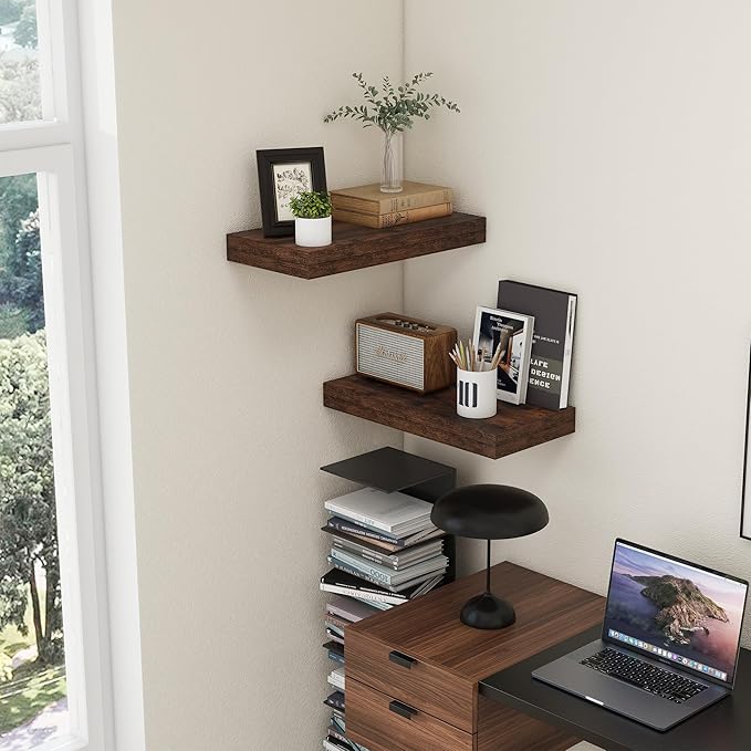 Deep Floating Shelves | 24 Inch Brown Floating Shelves Set of 2 | 12 Inch Deep Rustic Wood Shelves for Wall | 24