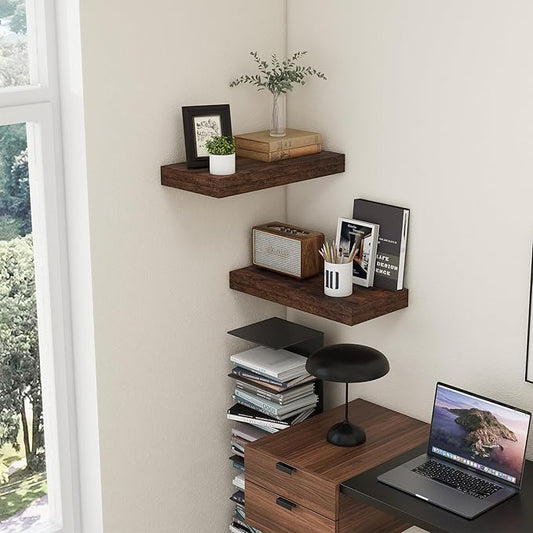 Deep Floating Shelves | 24 Inch Brown Floating Shelves Set of 2 | 12 Inch Deep Rustic Wood Shelves for Wall | 24" W x 12" D Brown Shelves for Living Room Bathroom Laundry Room Kitchen