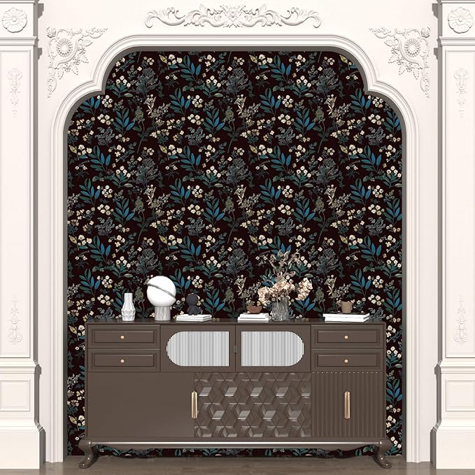 Vintage Green Wallpaper Peel and Stick Dark Floral Wallpaper 17.5'' x 393'' Green Leaf Contact Paper Vinyl Waterproof Self Adhesive Boho Botanical Wall Paper for Bedroom Cabinet Décor