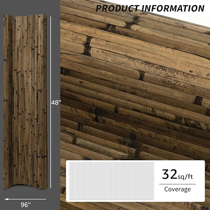 Art3d Natural Bamboo Wall Panel for Interior Wall Decor, Renewable Pole Wrap Wainscoting Paneling for Wall Ceiling Furniture Cabinet Office, 48 x 96 Inch - Dark Burned