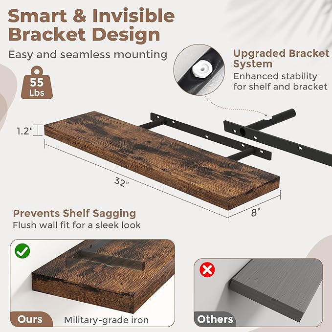 32 Inch Floating Shelves for Wall Set of 2, 8"D Wood Grain Bathroom Shelves with Invisible Brackets, Easy Install Engineered Wood Storage Shelves for Kitchen, Living Room, Bedroom, Rustic Brown Finish