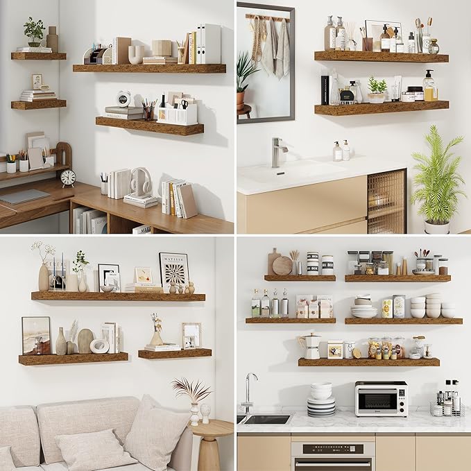 fuqing Floating Shelves for Wall, Wall Mounted Wood Floating Shelf with Invisible Brackets for Living Room, Bathroom, Bedroom, Kitchen Storage and Decor, 20 Inch Set of 2, Rustic Brown