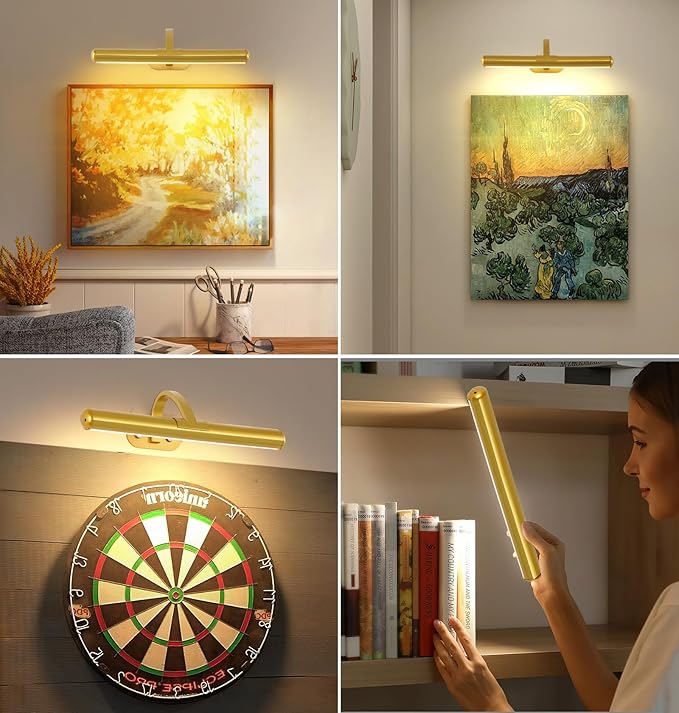 Joossnwell Wireless Picture Light Gold Rechargeable Painting Lamp Battery Wall Light with 3 Modes for Displaying Art, Dartboards and Learn(12.6 Inch)