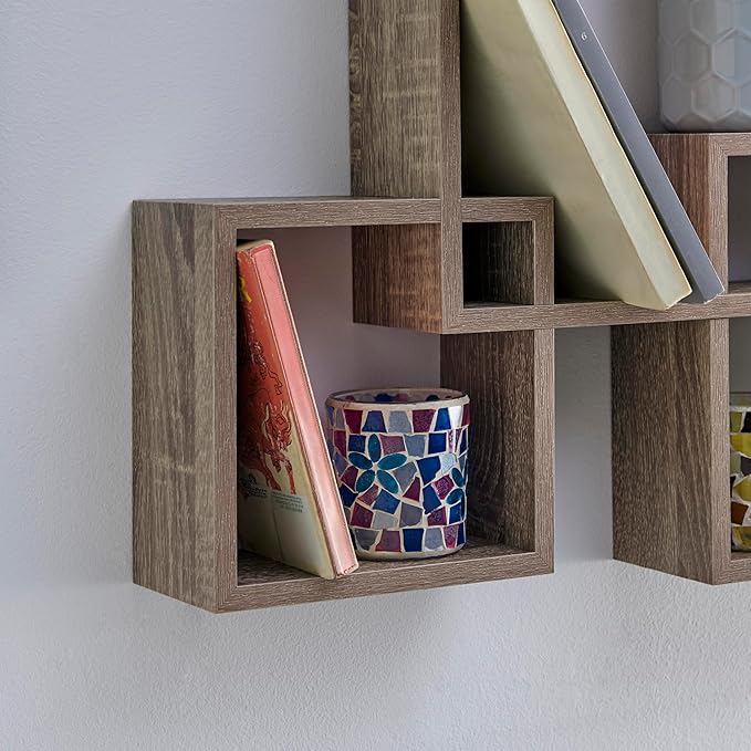Danya B. Decorative Wall Mount Floating Intersecting Cube Accent Wall Shelf (Weathered Oak)