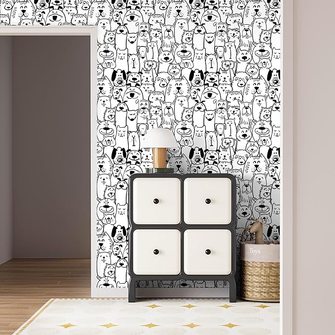 393"x17.3" Peel and Stick Wallpaper Contact Paper Black and White Wallpaper Modern Dog Animal Wall Paper Textured Self Adhesive Removable Wallpaper for Nursery Kids Room Shelf Liner Vinyl Roll