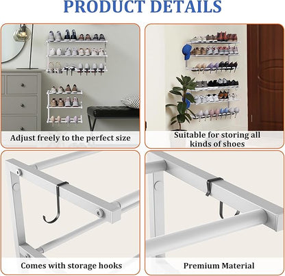4 Pack Wall Mounted Shoe Rack, 3 Tier Hanging Shoe Rack Holds 48 Pairs, 17"-30"Adjustable Heavy Duty Metal Shoe Organizer Holder with 8 Storage Hooks, Space Saving for Closet Entryway Doorway（White)