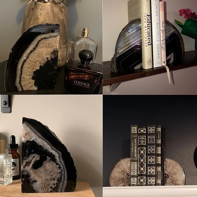 JIC Gem Geode Bookends Large Black Crystal Bookends Decorative Heavy Duty Agate Book Ends for Shelves 1 Pair 4 to 6 LBS with Rubber Bumpers