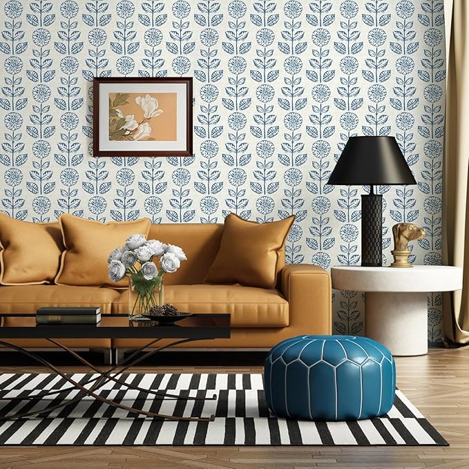 Wudnaye Blue Floral Peel and Stick Wallpaper Blue and White Contact Paper 17.7in×196.8in Vintage Floral Self Adhesive Wallpaper Navy Removable Tulip Wall Paper Waterproof for Bathroom Farmhouse Decor