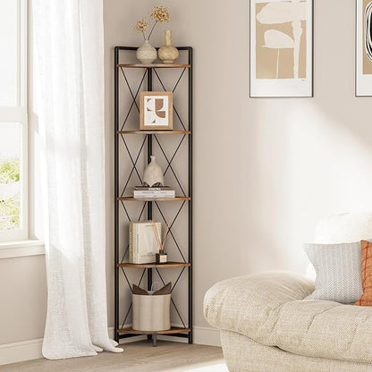 5 Tier Corner Shelf Stand, 64" H Tall Industrial Corner Bookshelf for Living Room Decor, Metal Corner Shelf, Plant Stand Display Shelf for Bedroom, Bathroom, Small Space, Rustic Brown