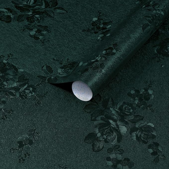 Dimoon 17.7''x118'' Green Peel and Stick Wallpaper Gothic Floral Wall Paper Contact Paper Closeout Renter Friendly Modern Self Adhesive Damask Cabinet Vinyl Roll(118''x17.7'', Green Floral Textured)