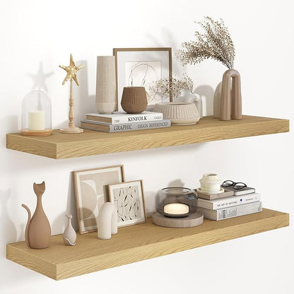 Fun Memories 40" W x 9.3" D Floating Shelves for Wall, Deep Long Floating Shelf for Home Bathroom, Bedroom, Living Room, Rustic Wood Wall Mounted Shelves for Books Decor, Oak