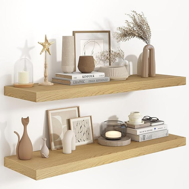 Fun Memories 40" W x 9.3" D Floating Shelves for Wall, Deep Long Floating Shelf for Home Bathroom, Bedroom, Living Room, Rustic Wood Wall Mounted Shelves for Books Decor, Oak