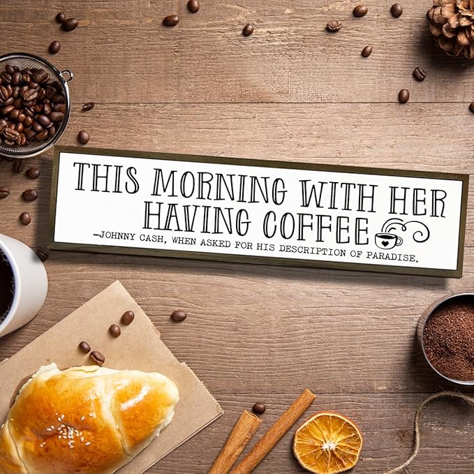 Coffee Wood Sign, Decorative Wooden Box Sign, Coffees Lover Decoration for Home Kitchen Bedroom, Cafe Decor, Valentines Day Decor, This Morning with Her Having Coffee Signs, 17.8x4x1.2 inches