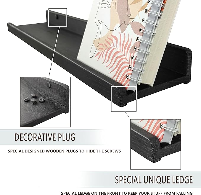 Wood Wedge Floating Shelves for Wall 24 inch, Photo & Picture Ledge, Black Modern Wall Storage Shelves with Lip, Kids Book Shelf, Shelves for Bedroom, Living Room, Bathroom, Kitchen, Set 2
