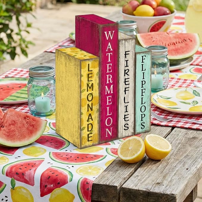 4 Pcs Summer Table Decoration Wooden Book Lemon Watermelon Wooden Sign Yellow and Red Summer Tiered Tray Decor Wood Book Sign Farmhouse for Home Shelf Coffee Table