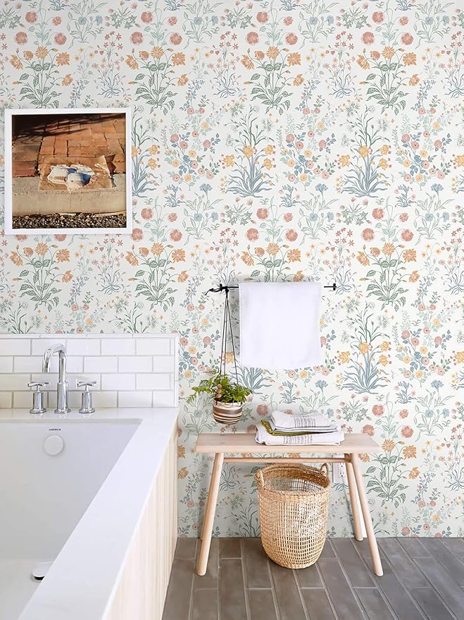 Floral Peel and Stick Wallpaper Vintage Wallpaper Colorful Wall Paper Wildflower Contact Paper for Cabinets Vinyl Renter Friendly Waterproof Self-Adhesive Bathroom Kitchen Bedroom 78.7