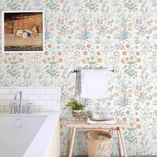 Floral Peel and Stick Wallpaper Vintage Wallpaper Colorful Wall Paper Wildflower Contact Paper for Cabinets Vinyl Renter Friendly Waterproof Self-Adhesive Bathroom Kitchen Bedroom 78.7"×17.3"