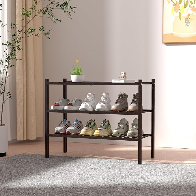 3 Tier Bamboo Shoe Rack for Closet Free Standing Wood Shoe Shelf for Entryway Small Space Stackable 27