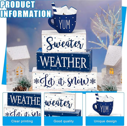 Marsui 4 Pcs Winter Wooden Tabletop Let It Snow Tiered Tray Decor Snowflakes Decorative Wood Block Sign Gift Farmhouse Christmas Table Centerpiece for Home Indoor Holiday