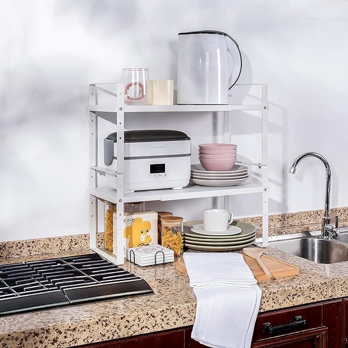 Expandable Cabinet Shelf Organizer Rack, Stackable Kitchen Counter Storage Shelves Stand, Adjustable Height Pantry Shelf Spice Rack