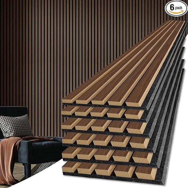 Art3d 6-Pack Acoustic Wood Slat Wall Panels for Interior Decor, 3D Fluted Sound Absorbing Wood Paneling for Accent Wall Ceiling Kitchen Living Room Bedroom Office, 94.5 x 7.9 inch Deep Walnut
