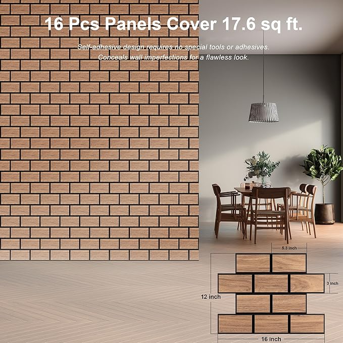 WoveN SounD Brick Acoustic Wall Panels, 16 Pack 16x12 Inch, Wood Veneer Carved Sound Proof Wall Decor, Self-Adhesive for Home, Studio, Office & Focus Zones, Teak