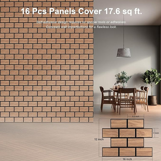 WoveN SounD Brick Acoustic Wall Panels, 16 Pack 16x12 Inch, Wood Veneer Carved Sound Proof Wall Decor, Self-Adhesive for Home, Studio, Office & Focus Zones, Teak