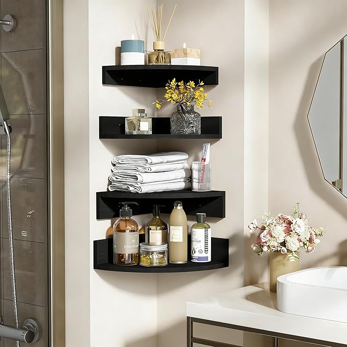 Alsonerbay Black Corner Wall Shelf, Floating Shelves Wall Mount Set of 4, Rustic Wood Shelves for Bedroom, Living Room, Bathroom, Entryway, Garage | for Bedroom, Living Room, Bathroom, Entryway, Garage