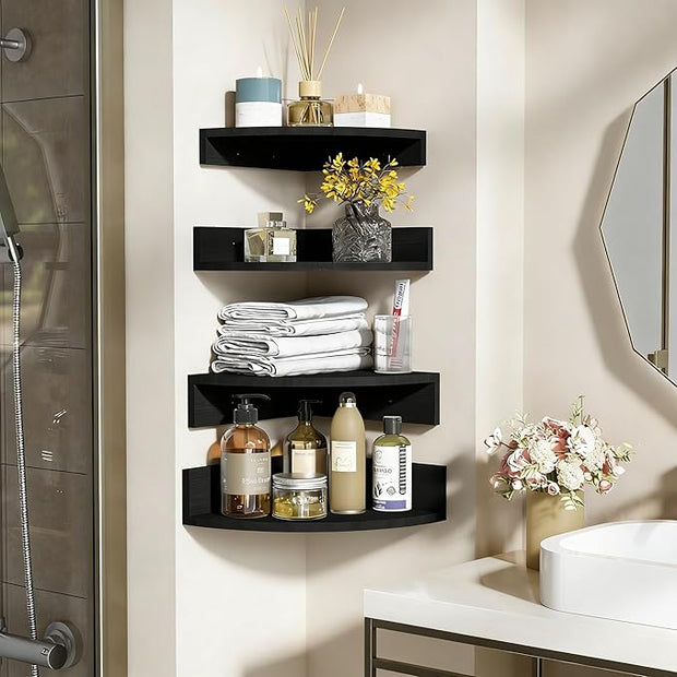 Alsonerbay Black Corner Wall Shelf, Floating Shelves Wall Mount Set of 4, Rustic Wood Shelves for Bedroom, Living Room, Bathroom, Entryway, Garage | for Bedroom, Living Room, Bathroom, Entryway, Garage