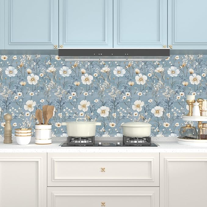 Blue Floral Peel and Stick Wallpaper White Botanical Contact Paper Vintage Leaf Wall Mural for Bedroom Bathroom Vinyl Waterproof Self Adhesive Removable Renter Dorm Wall Paper 17.5" x 118"