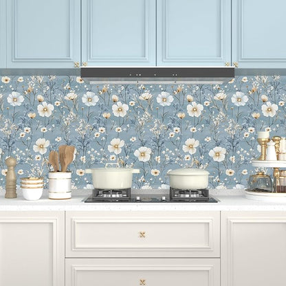 Blue Floral Peel and Stick Wallpaper White Botanical Contact Paper Vintage Leaf Wall Mural for Bedroom Bathroom Vinyl Waterproof Self Adhesive Removable Renter Dorm Wall Paper 17.5" x 118"