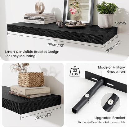 Fun Memories 32 x 12 Floating Shelves Wall-Mounted - Rustic Wood Shelf - 12 Inch Deep Floating Shelves for Wall - Large Storage Shelf for Bathroom - Kitchen & Bedroom - Black - Set of 2