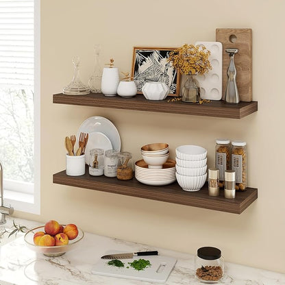 36 Inch Floating Shelves, 9.3" Deep Floating Shelf Wall Mounted, 36" Wall Shelves, Rustic Deep Bookshelf, Large Display Shelves & Storage Shelves for Bedroom, Living Room, Walnut, Set of 2