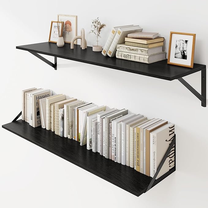 Heimlove Black Deep Floating Shelves for Wall, 36W x 8D Wood Wall Shelves Set of 2, Wide Floating Bookshelf for Living Room, Kitchen, Office, Bedroom and Decor Storage, with Metal Bracket - Black