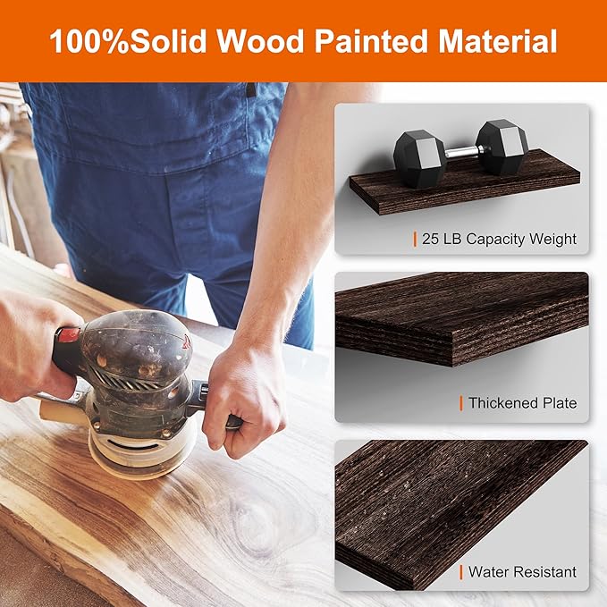 3 Pack Floating Shelves, 16in Brown Paulownia Wood, Rustic Style, Wall Mounted Storage Shelves for Kitchen, Living Room, Bedroom, Bathroom Decor, 75lbs Load Capacity